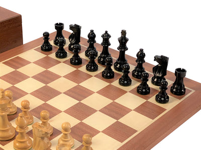 Compact British Black Mahogany Chess Set & Mahogany Box - Official Staunton™ 