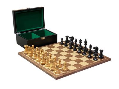 Compact Elite Ebonised Chess Pieces, 15.75" Walnut Board & Vinyl Box - Official Staunton™ 