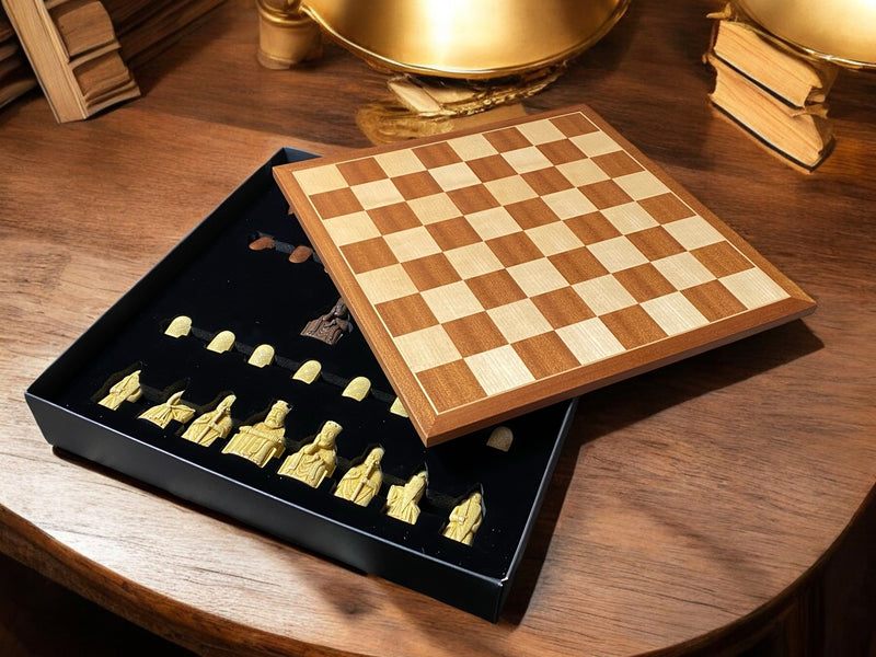 Compact Lewis Chessmen in Presentation Case & Mahogany Chessboard - Official Staunton™ 