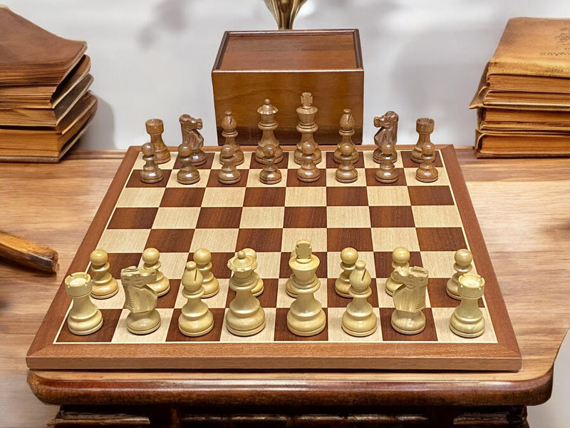 Compact British Acacia, Mahogany Chessboard & Slide Box - Official Staunton™ 