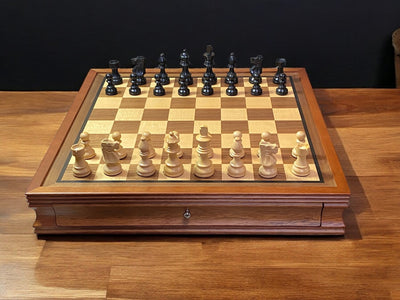 British Black Chess Pieces Mahogany Drawer Chess Board - Official Staunton™ 