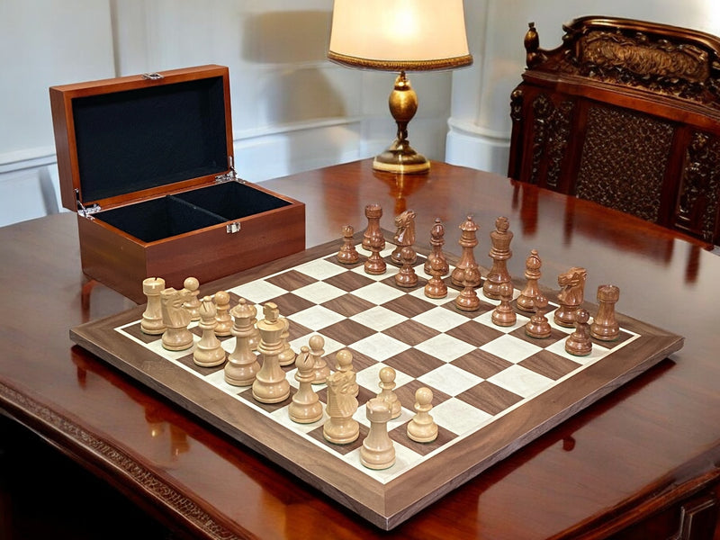 4” British Acacia Walnut Chess Set & Mahogany Box - Official Staunton™ 