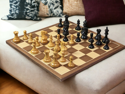 Compact Elite Ebonised Chess Pieces, 15.75" Walnut Board & Vinyl Box - Official Staunton™ 