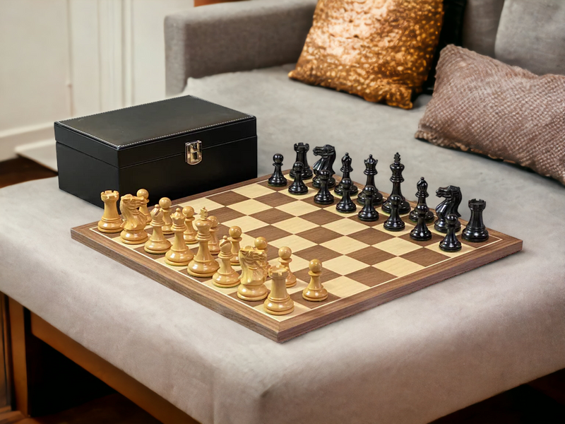 Compact Elite Ebonised Chess Pieces, 15.75" Walnut Board & Vinyl Box - Official Staunton™ 