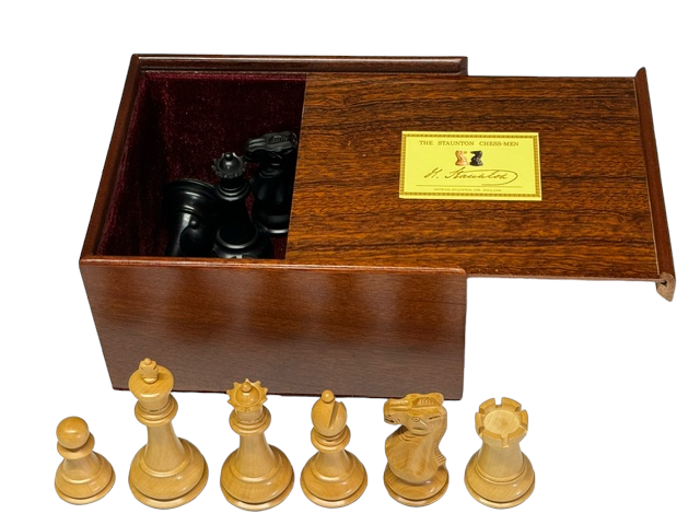 Old English Boxwood and Black Chess Pieces & Slide Box - Official Staunton™ 