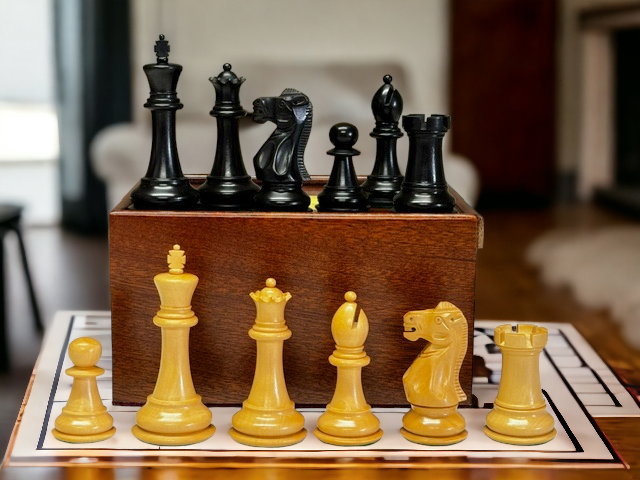 Old English Boxwood and Black Chess Pieces & Slide Box - Official Staunton™ 