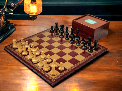 1850 London Chessmen Italian Retro Chessboard and Slide Top Box - Official Staunton™ 